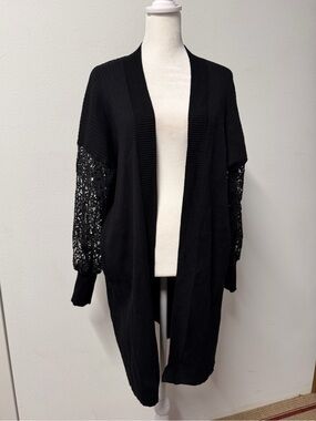 Cocobleu Black Long Cardigan with Lace Sleeves Size Large